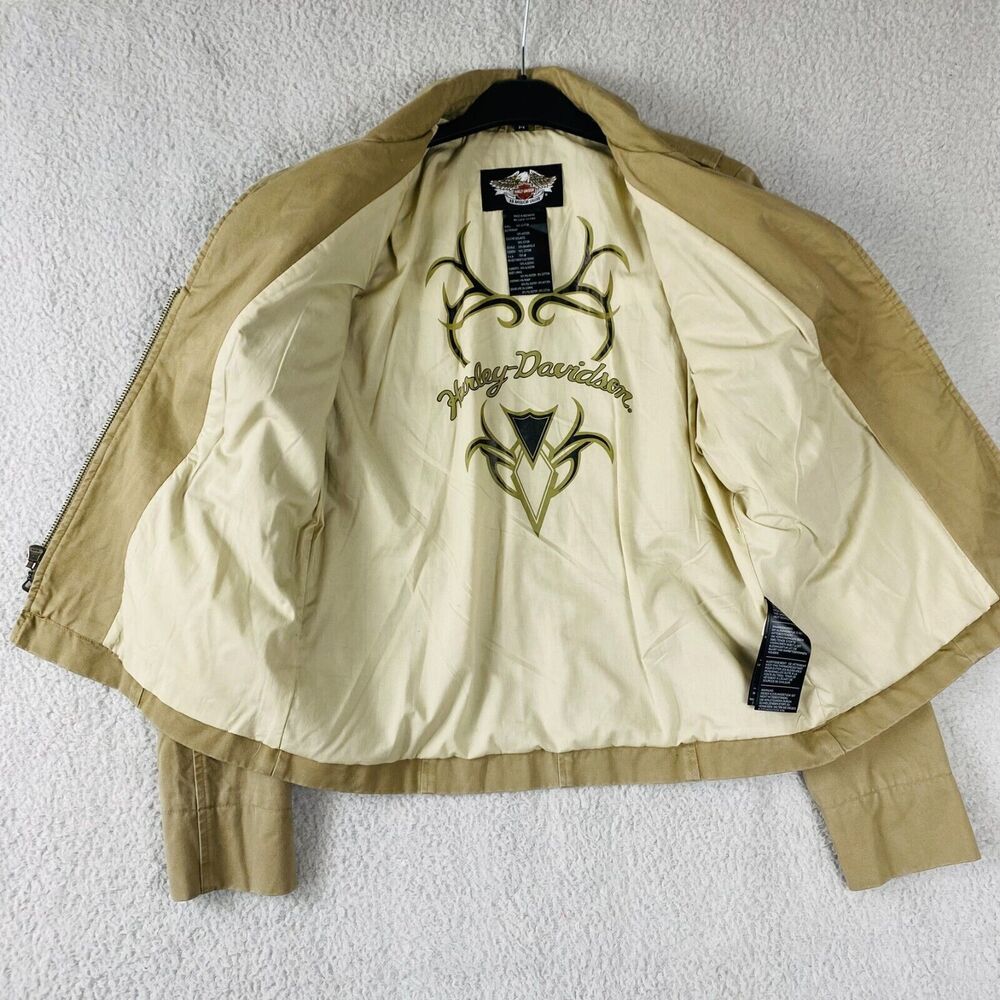 Harley‎ Davidson khaki Womens Jacket Embroidered Biker Full Zip Size M Pocket